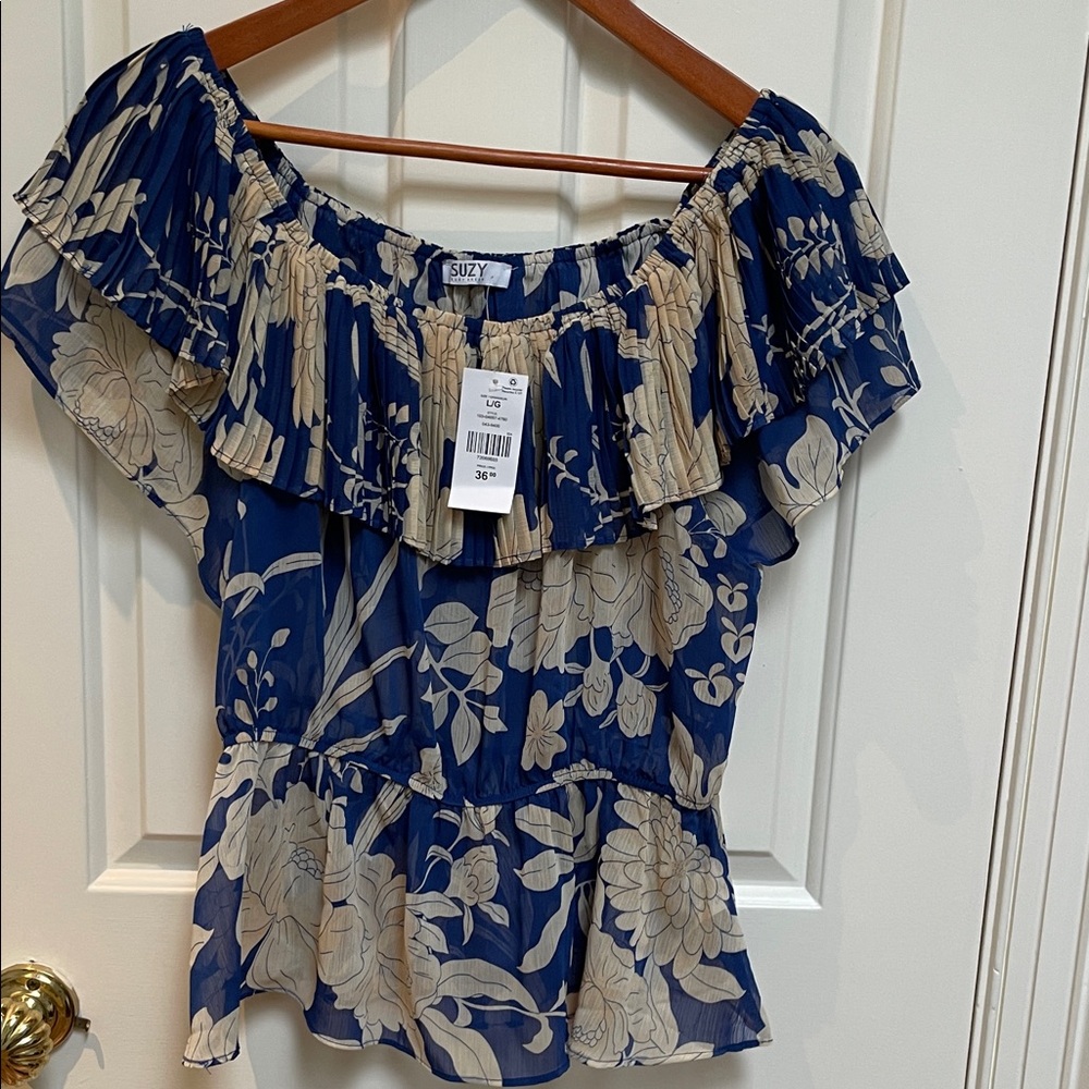NWT Suzy Shier sz L Blue Sand frilly top with elastic waist - peplum